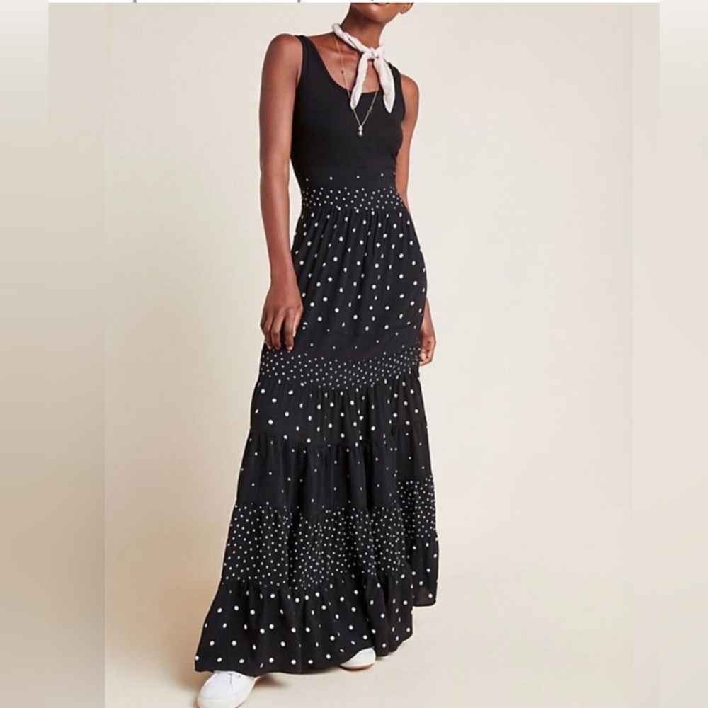 Anthropologie Black Polka Dot Tiered Maxi Dress Cottagecore Preppy Witchy NWT